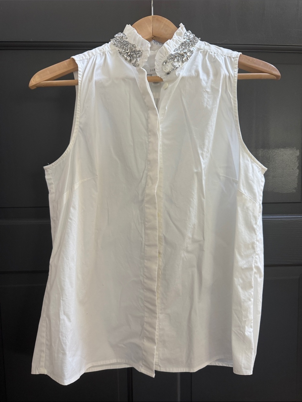 J.Crew White Sleeveless Blouse with Jeweled Ruffle Collar – Size 4
